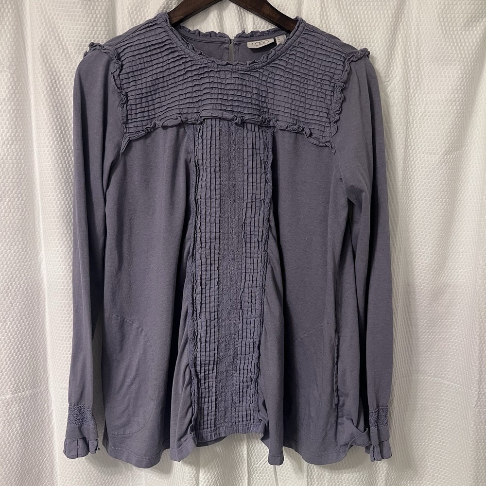 LOGO by Lori Goldstein Purple Haze Eyelet Ruffles Blouse Pockets Small Import EC